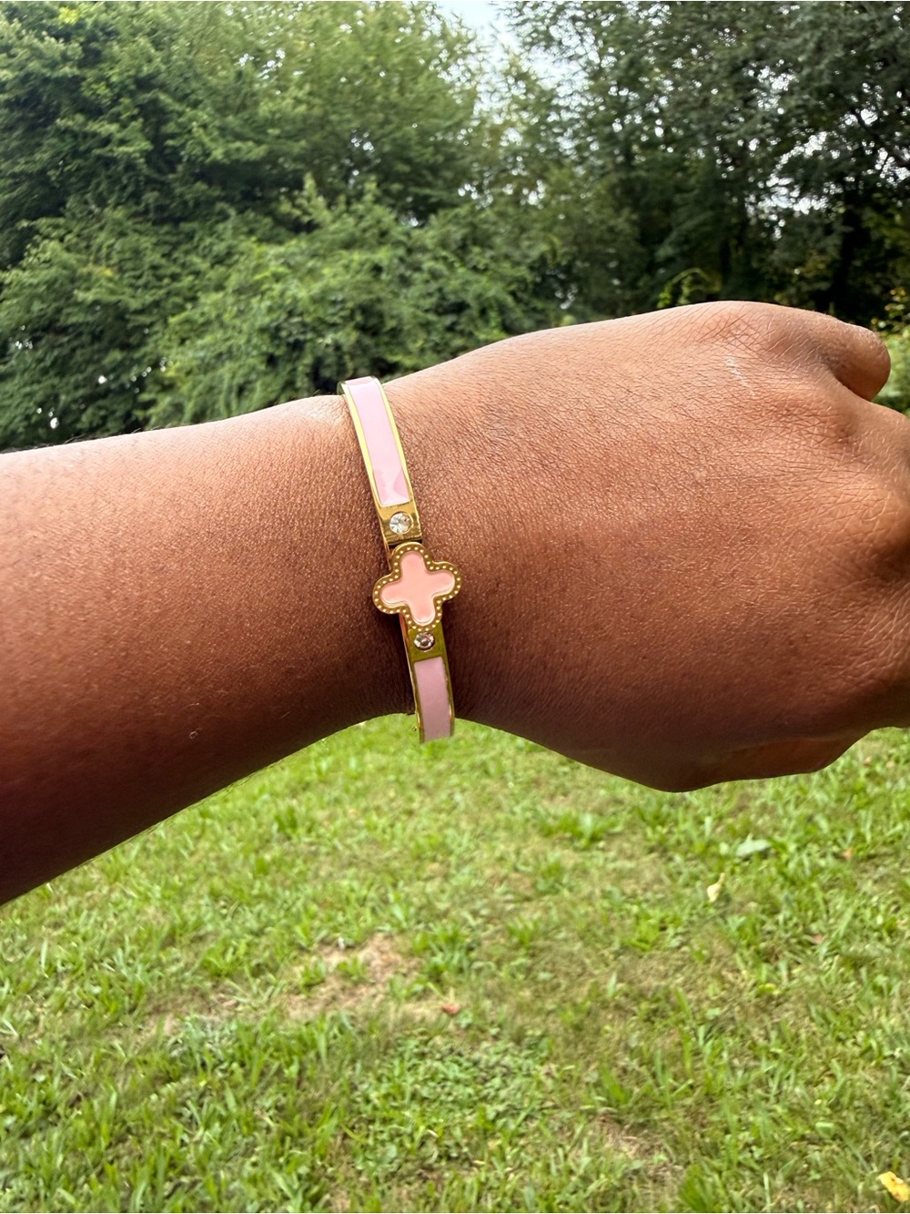 Pink Enamel Clover Bangle Bracelet - Women's Jewelry